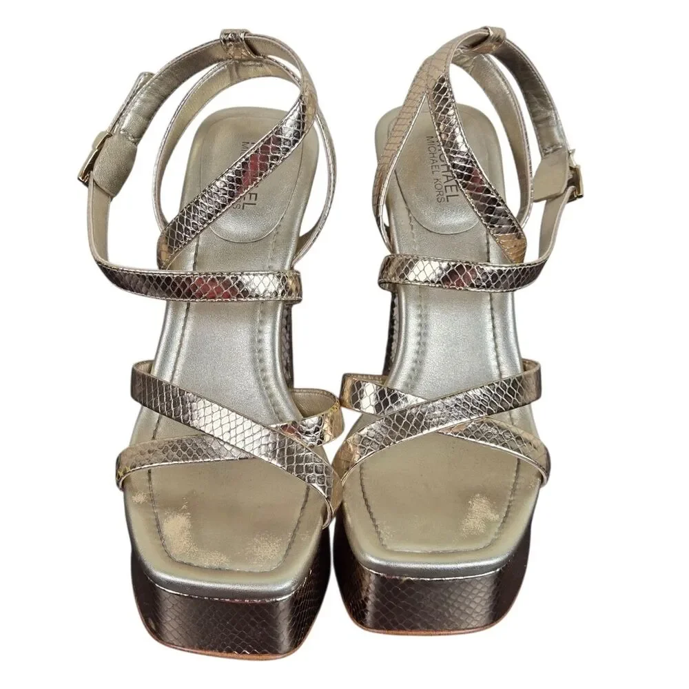Michael Kors Paola Strappy Platform Sandals 5.5 Gold Leather Snake Glam Baddie